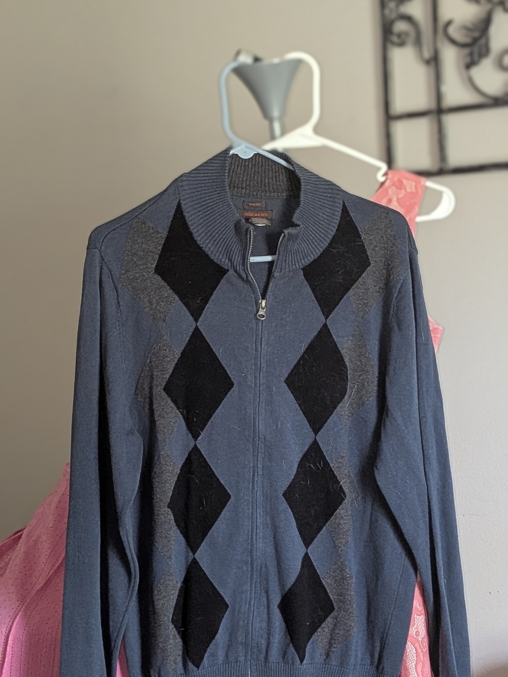 Dockers Navy Zip-Up Sweater with Black Argyle